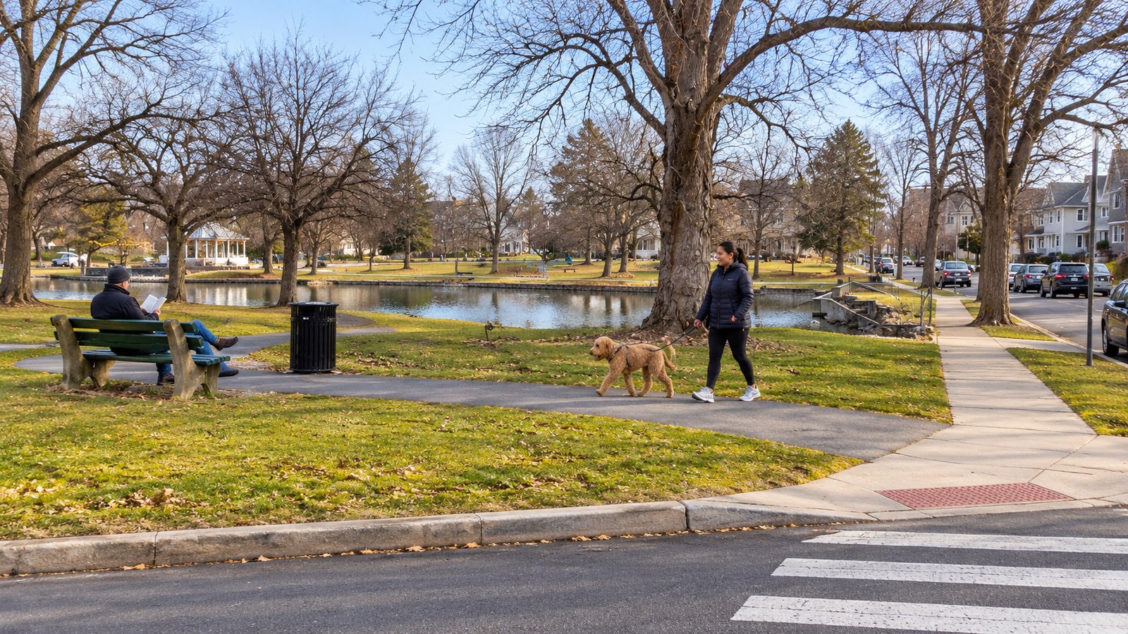 A dog walker uses a pond-side park path while another resident reads on a bench.