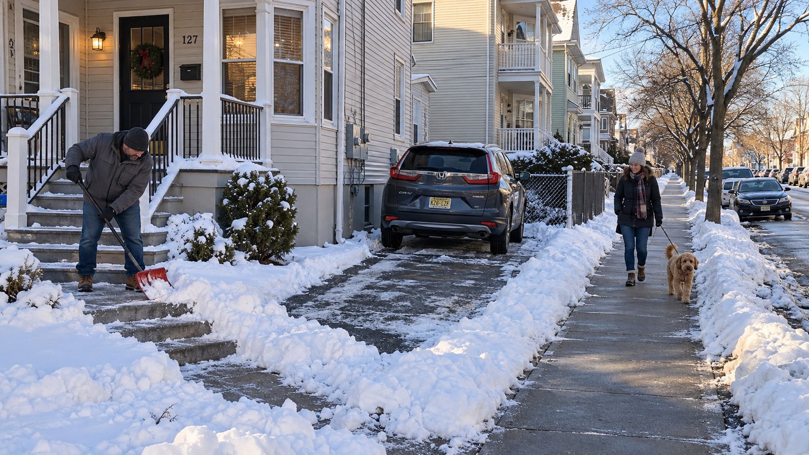 A resident shovels a home path while a dog walker continues along a separate cleared sidewalk.