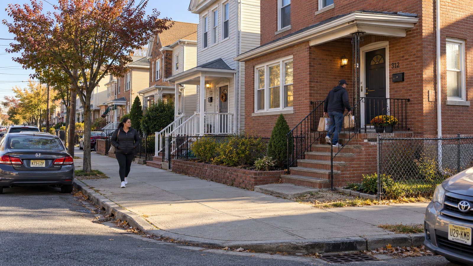 Raised entrances on a residential block A resident carries groceries up brick entrance steps while a neighbor walks along the sidewalk.