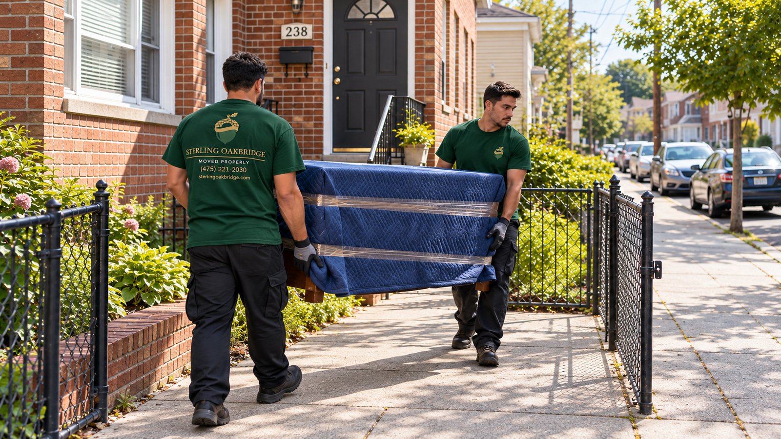 Carrying a protected cabinet to the entrance Two movers carry a blanket-protected low cabinet along a level side approach.