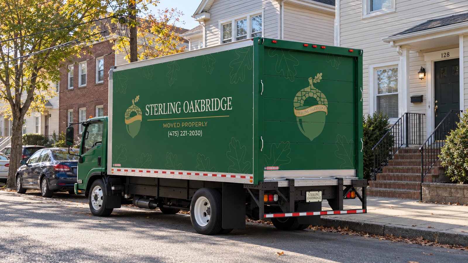 Truck position and the carrying route A green Sterling Oakbridge moving truck stands parallel to a residential curb with space behind it.