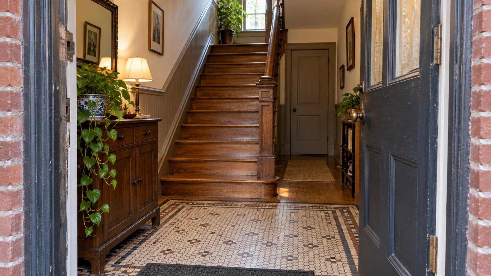 The vestibule and complete stair route An open outer doorway leads across a tiled vestibule to a timber stair and landing.