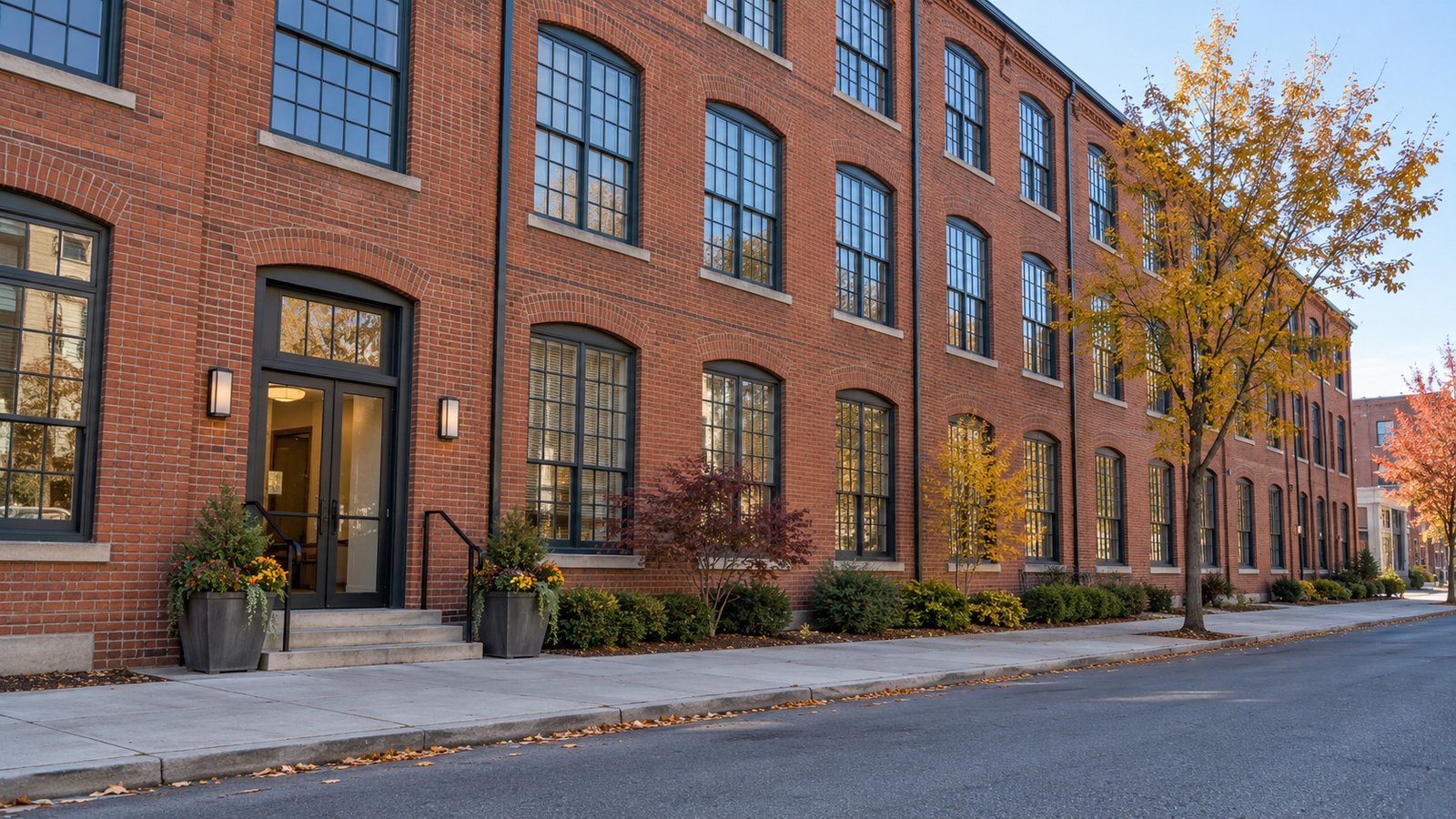 A different entrance in a converted mill A representative residential brick mill building with tall windows, entrance steps and a public sidewalk.