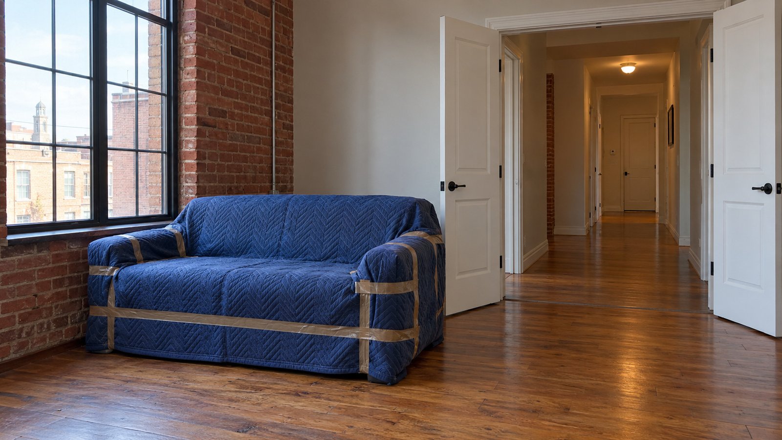 Complete protection before the first carry A compact sofa covered with quilted moving blankets beside an open double doorway into a clear level hall.
