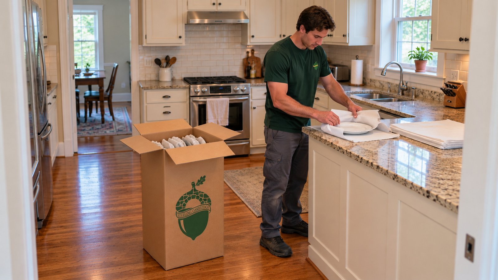 Wrap the plate before loading the dish carton A mover in the approved green shirt wrapping a supported plate beside an open tall kraft dish carton.