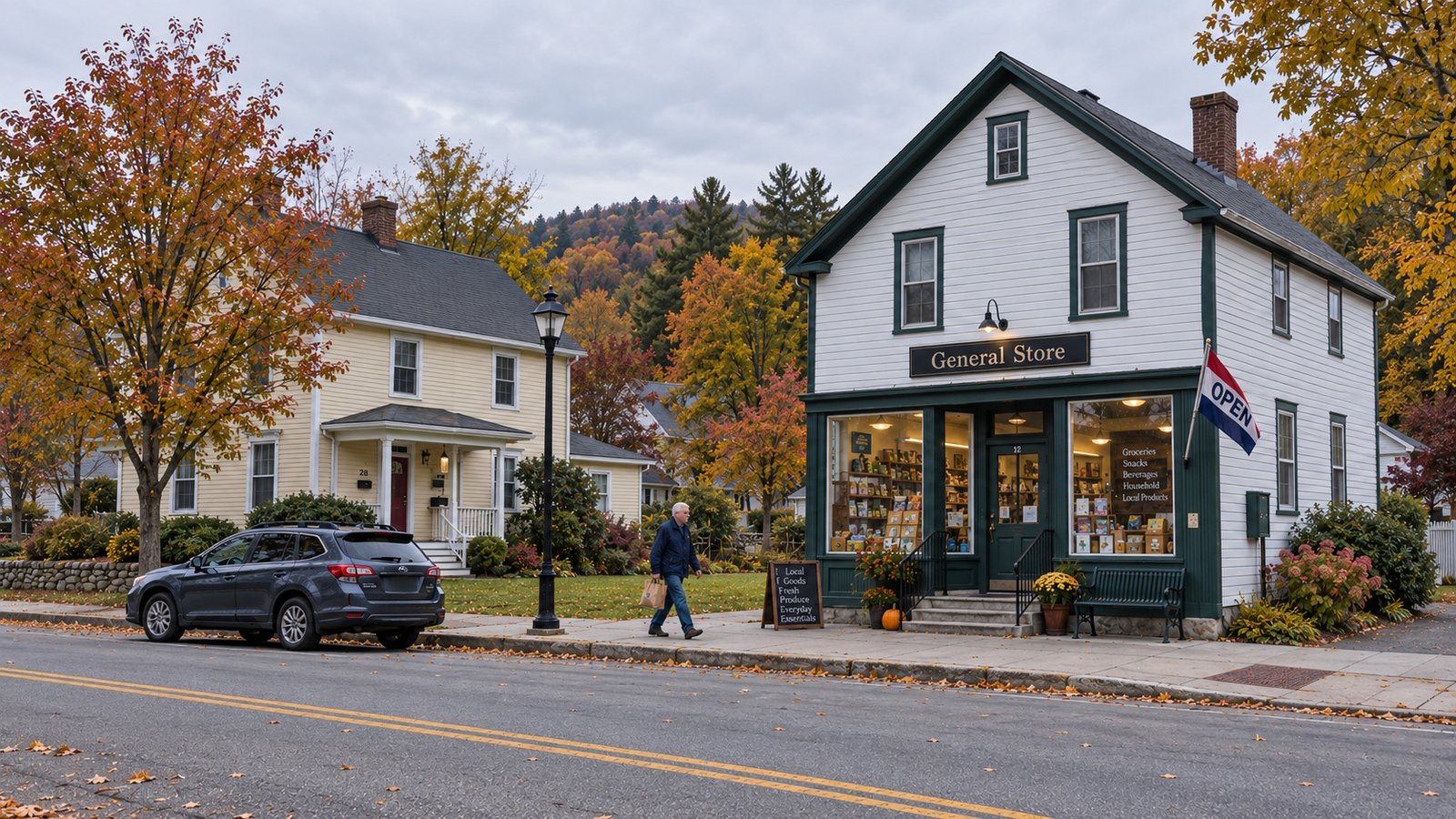 Older man carrying a grocery bag past a general store, house and parked car