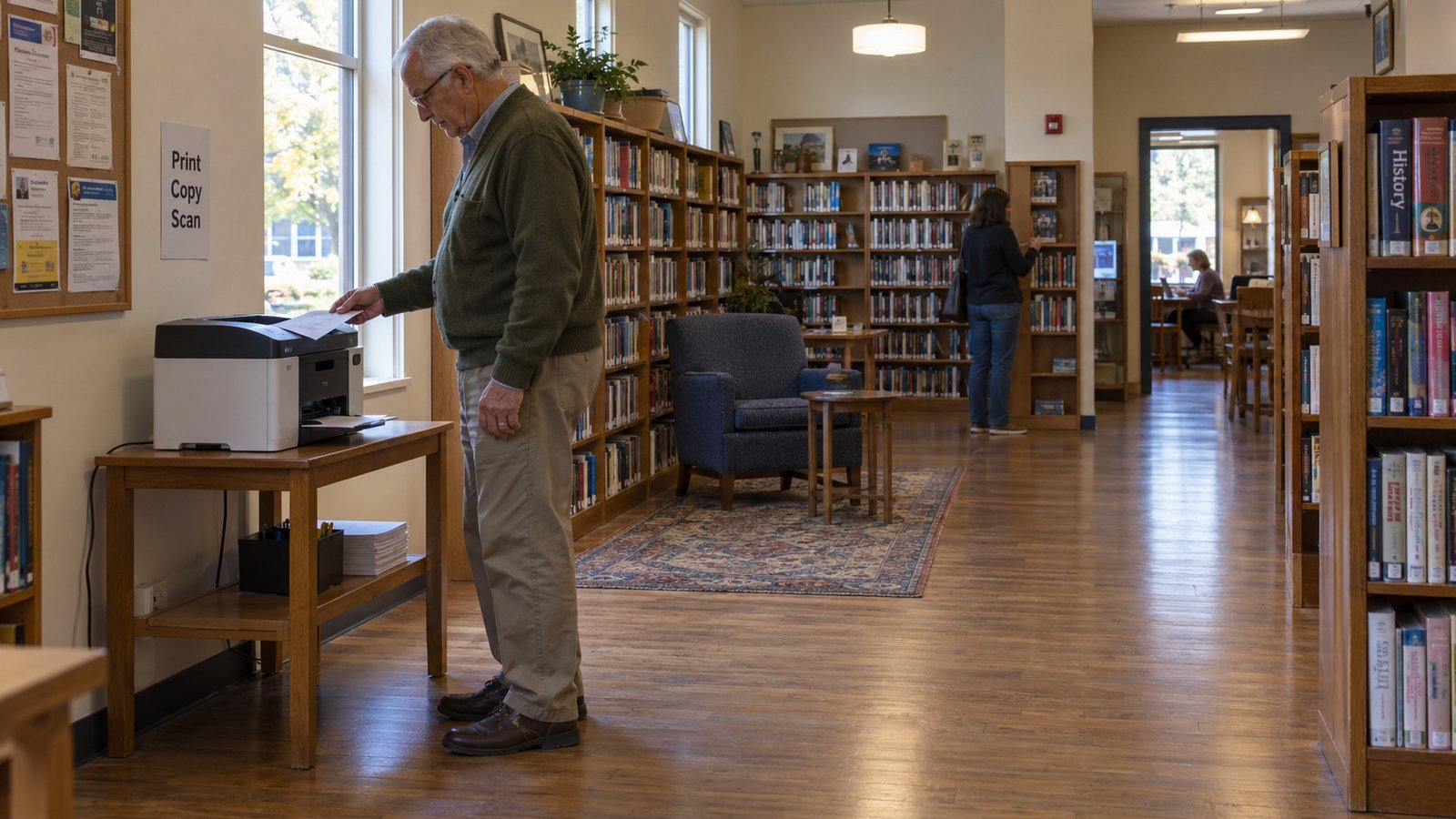 Older man taking a sheet from a printer on a wooden table in a library
