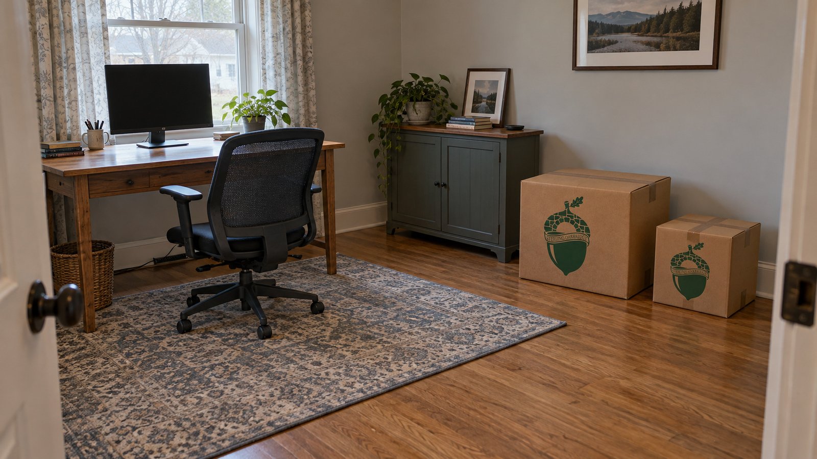 Desk, office chair and low cabinet with two closed kraft cartons beside the wall