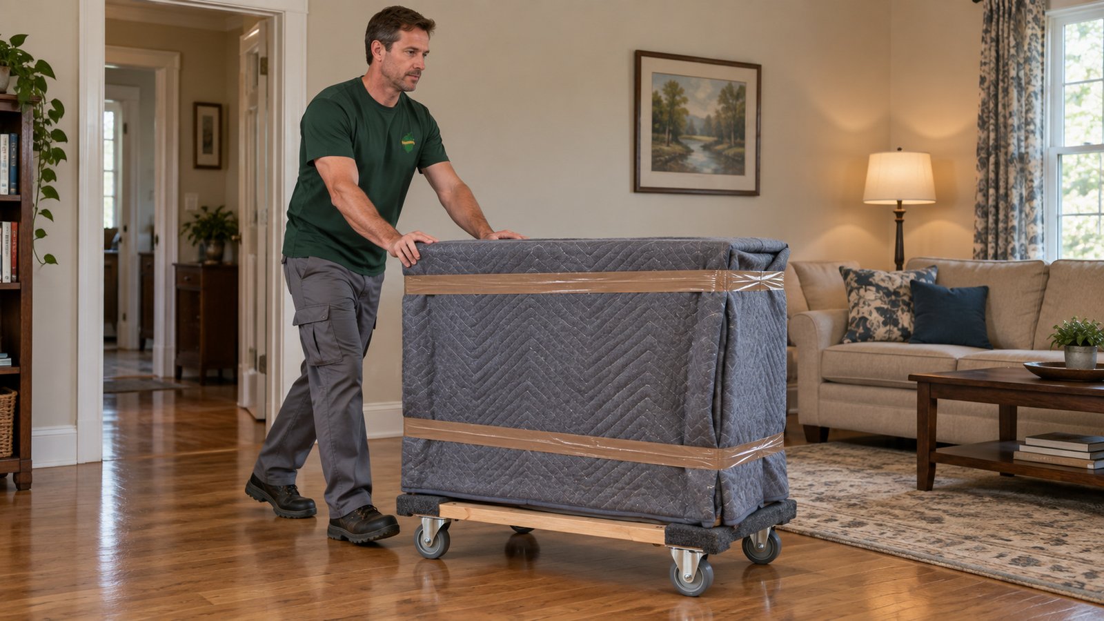 Blanket-protected cabinet on a furniture dolly Mover guiding a gray blanket-wrapped cabinet on a low wooden furniture dolly