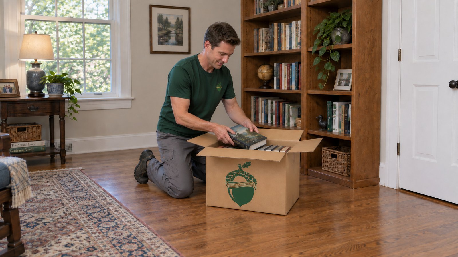 Packing books in an open carton Adult man in a green work shirt lowering a hardcover book into an open kraft carton
