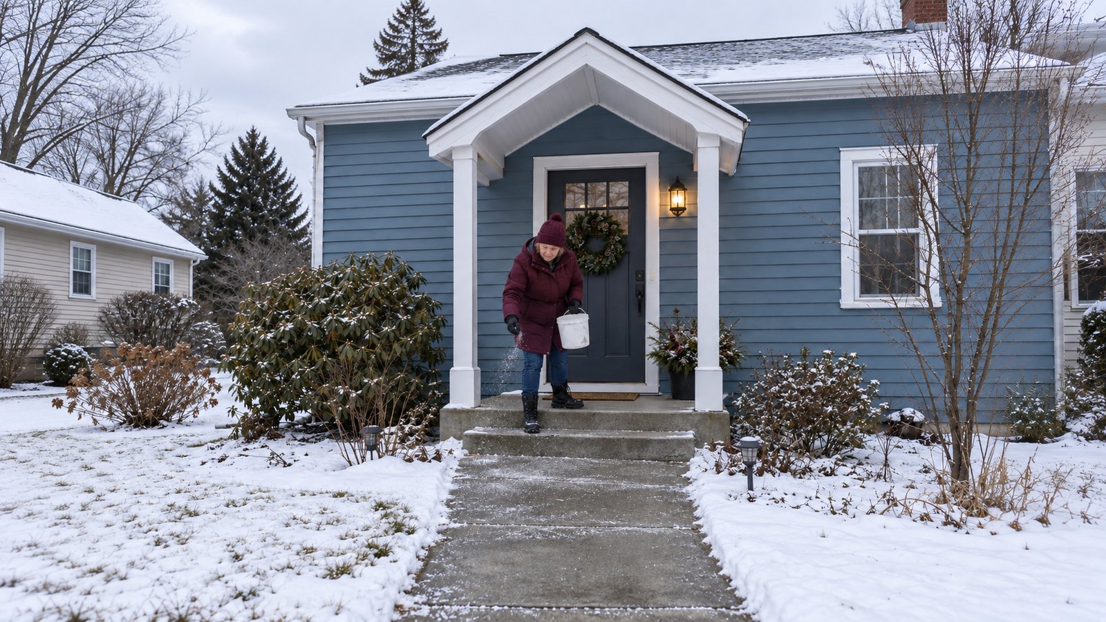 Woman spreading grit from a bucket onto a cleared landing at a blue house