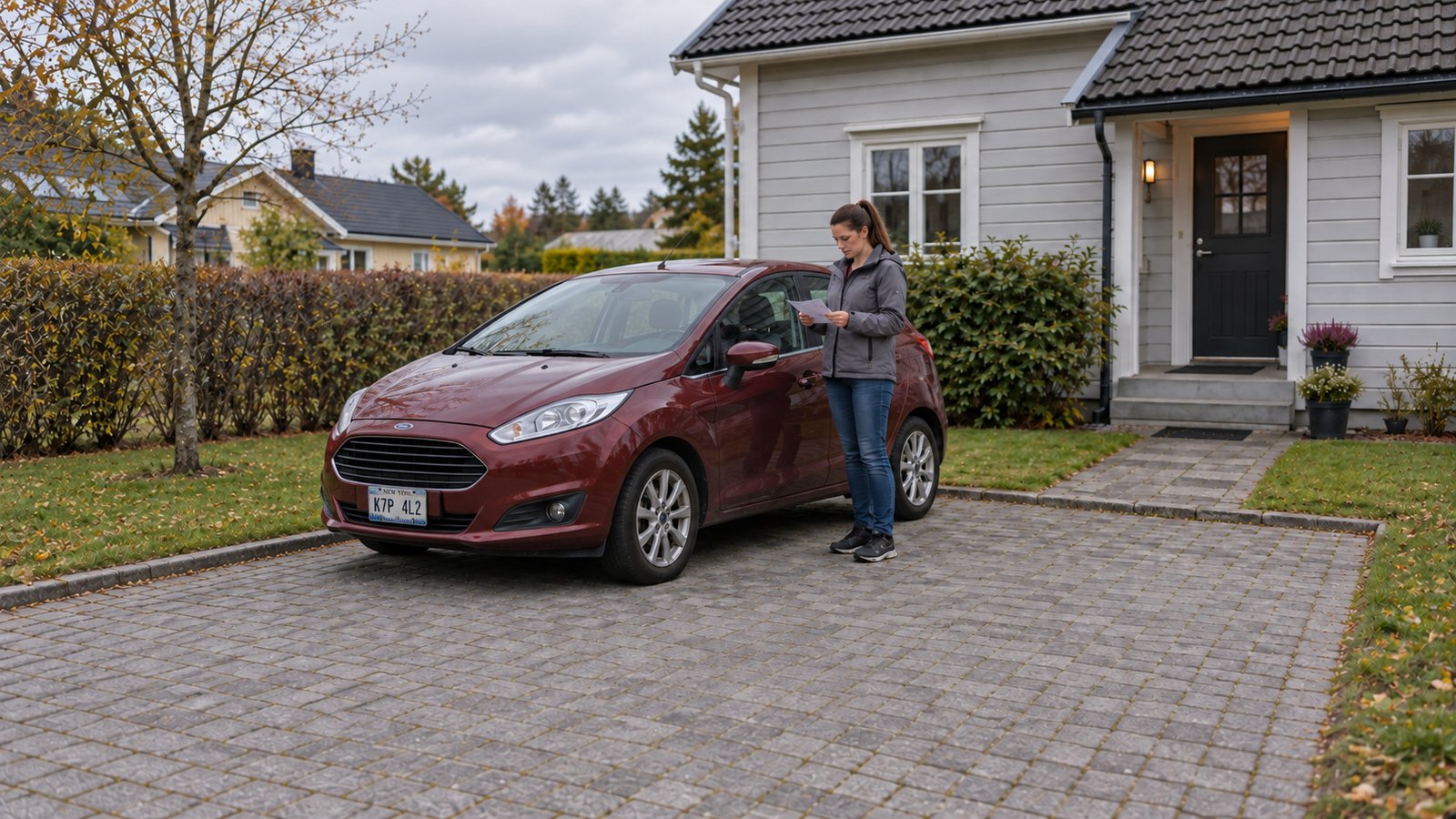 Woman reading a folded paper beside a red hatchback with a compact American front plate in a private parking bay