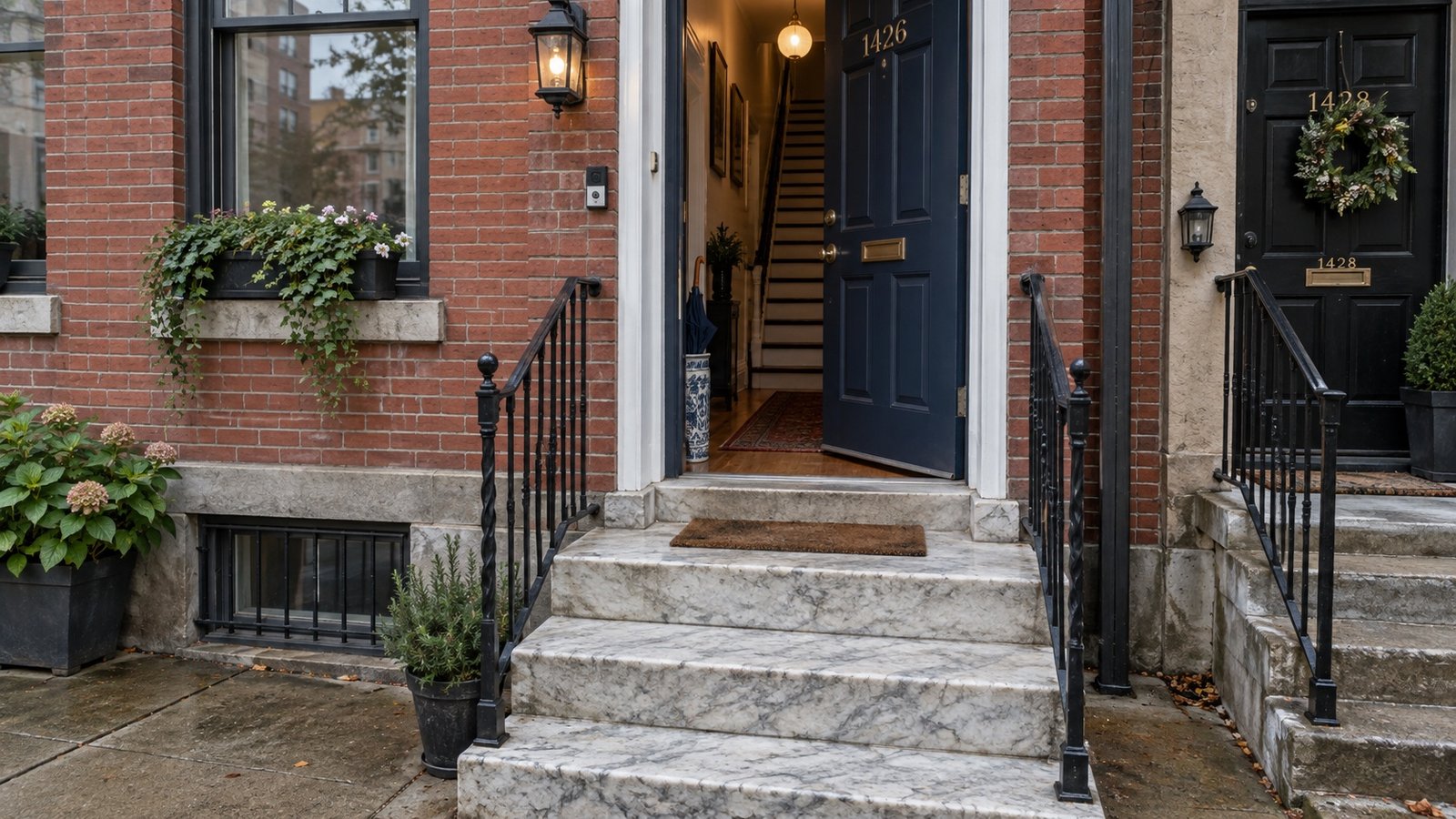 A brick rowhouse with a stoop and a narrow front stair.