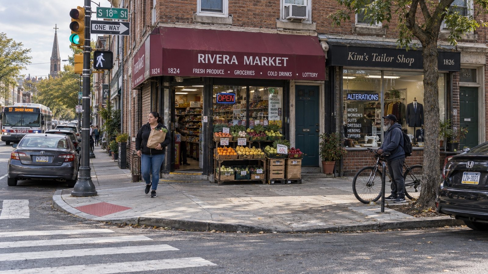 A neighborhood commercial corner with older brick buildings and distant pedestrians.