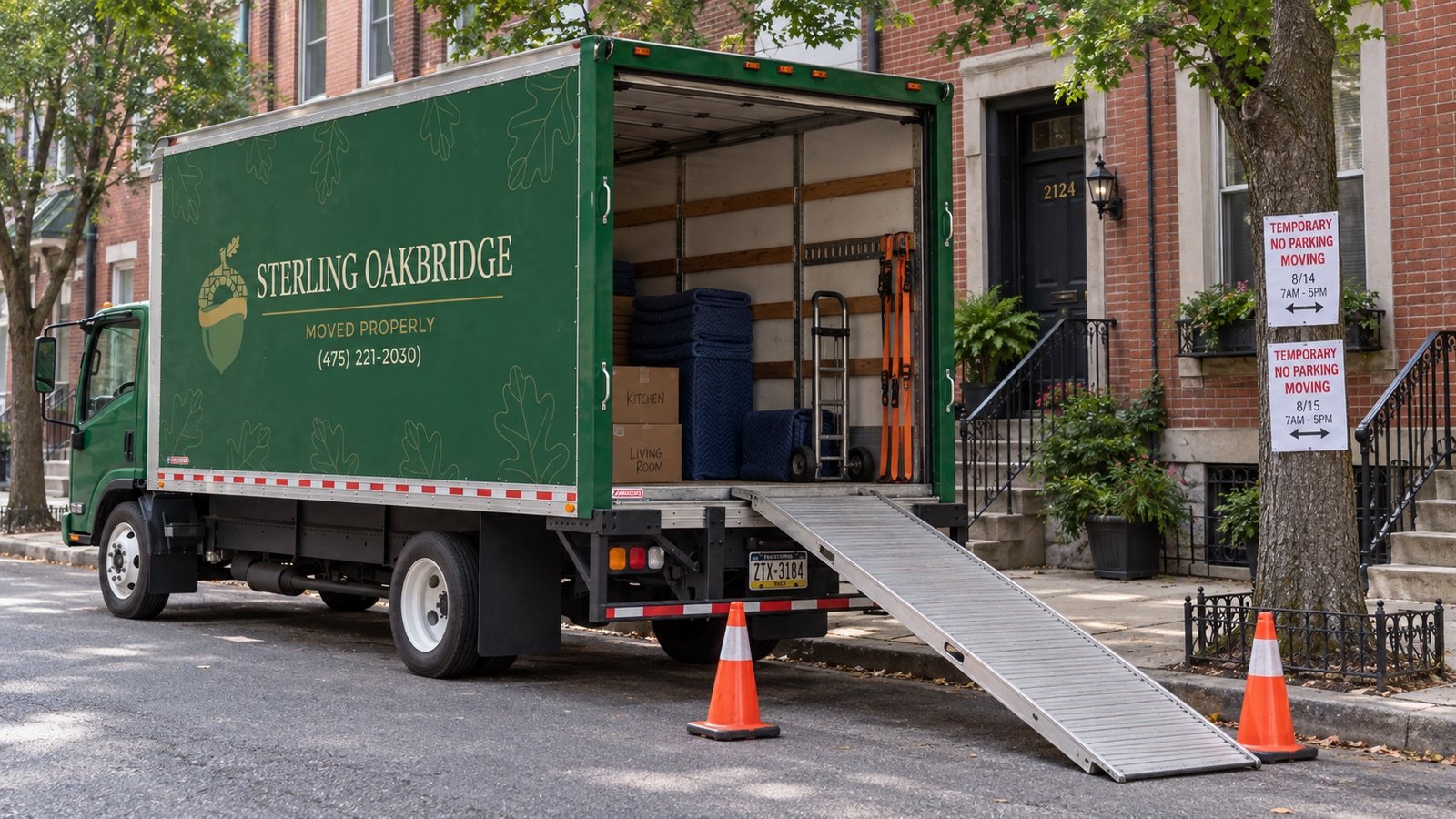A dark green moving truck with an open rear door and a ramp resting at a city curb beside posted signs.