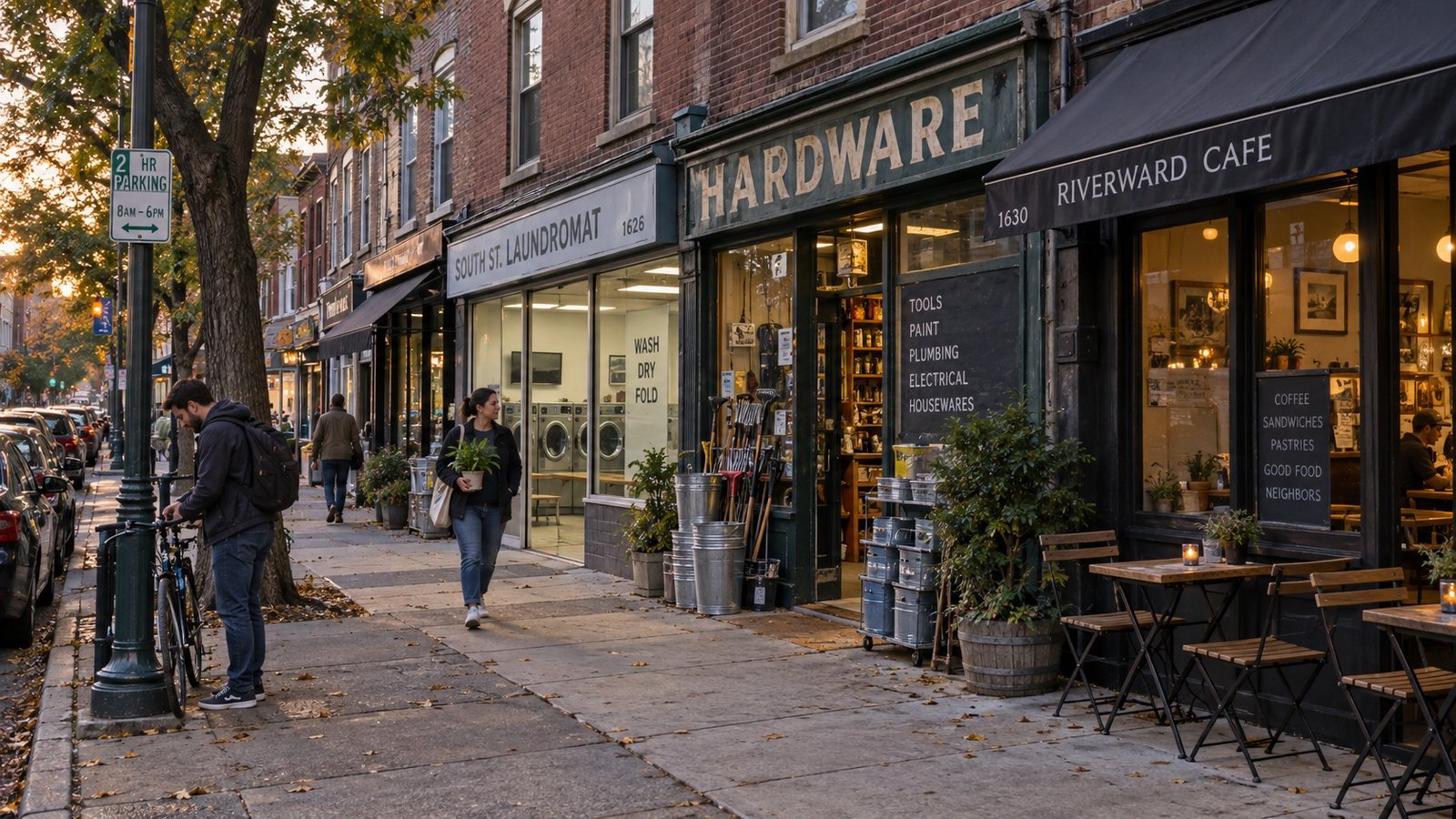 A neighborhood commercial corridor with older buildings and mature trees.