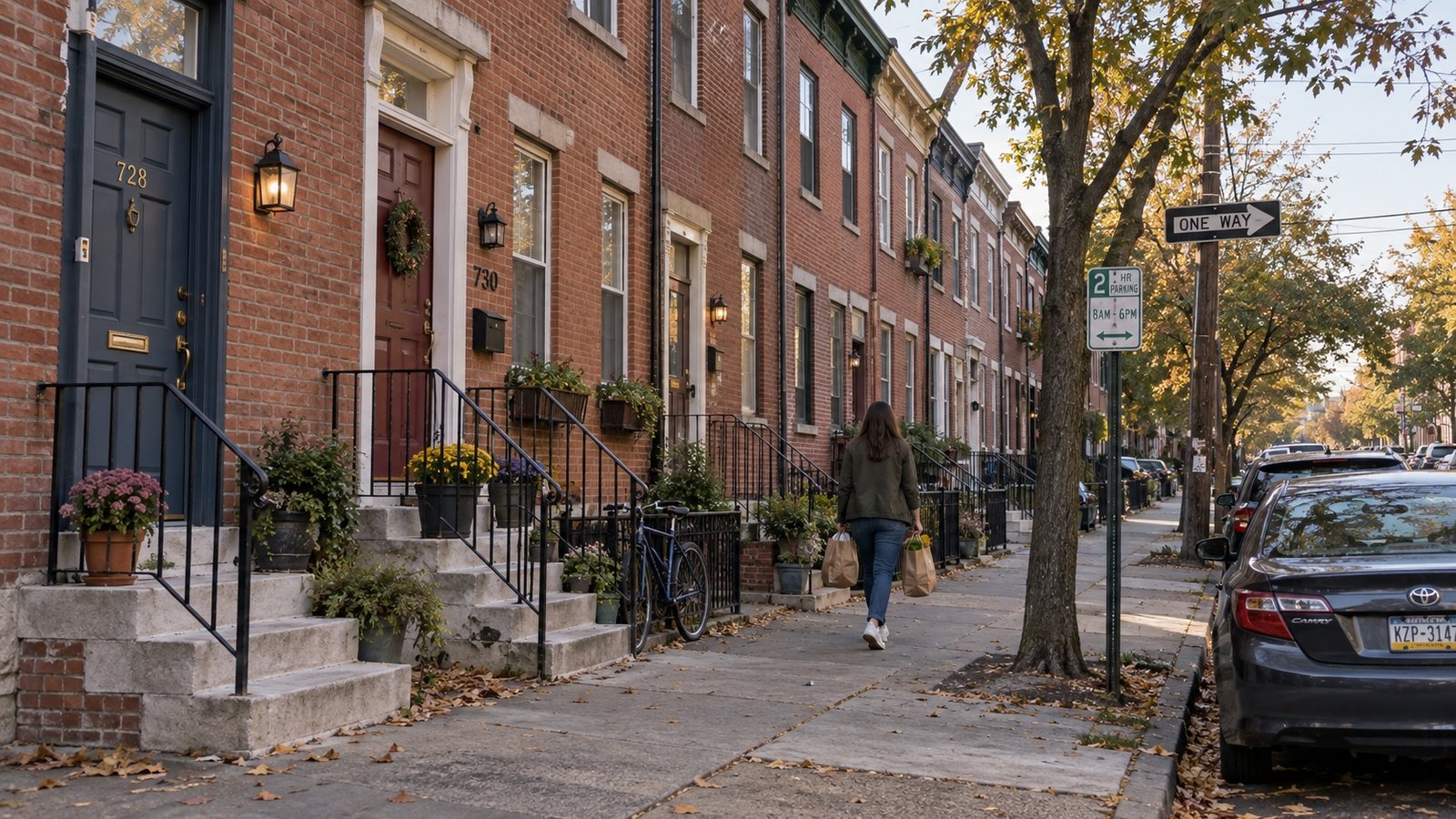 A residential street of brick rowhouses with stoops and parked cars.