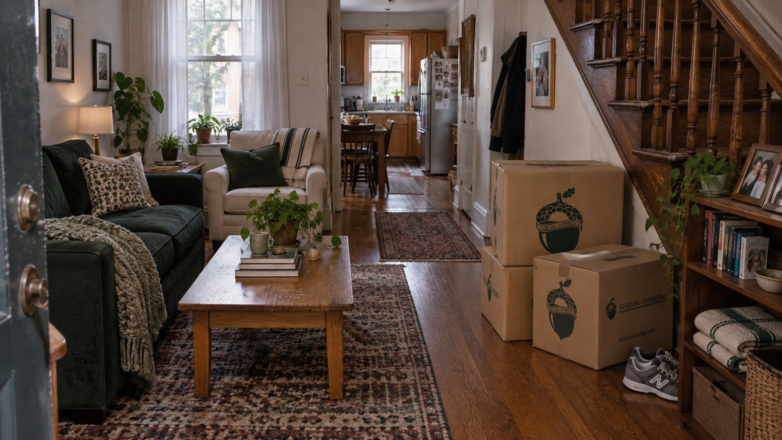 A furnished living room in a rowhouse with sealed moving boxes by the wall.