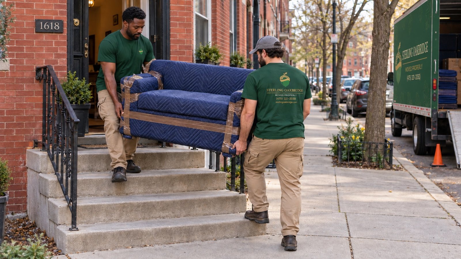 Two movers carrying a blanket-wrapped sofa down rowhouse stoop steps.