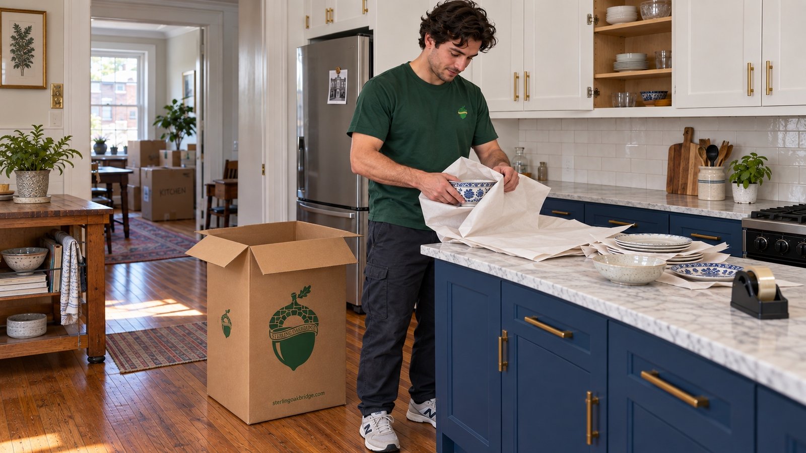 A mover in a green Sterling Oakbridge shirt wrapping a ceramic bowl beside a branded China carton in a renovated kitchen.