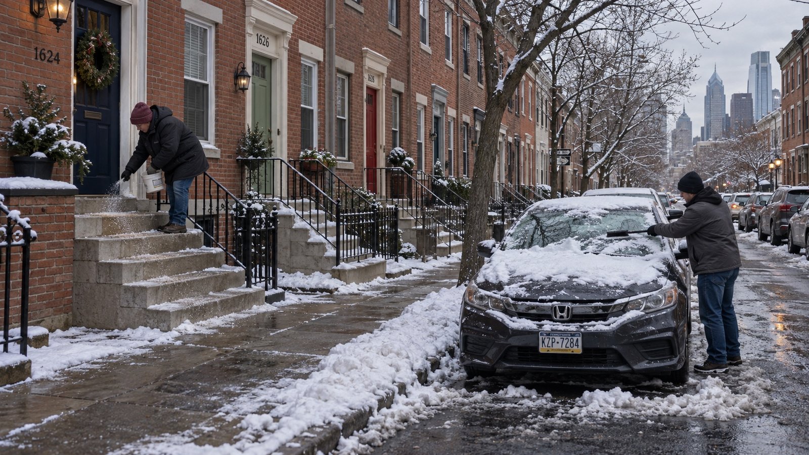 A residential street after snowfall with plowed piles and cleared sidewalks.