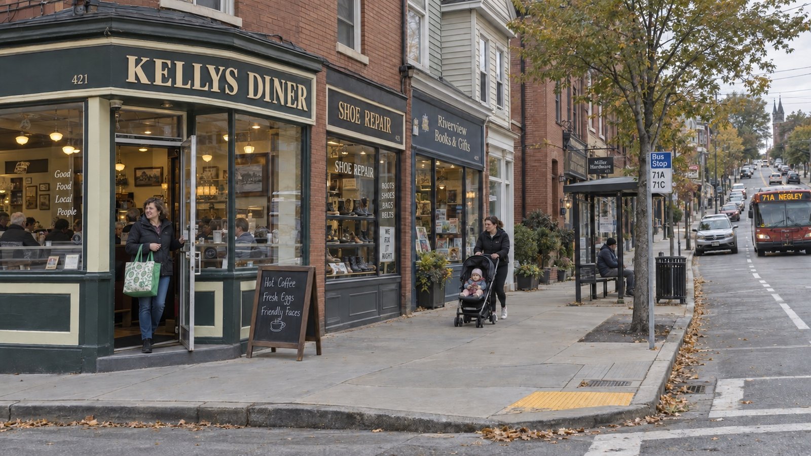 A neighborhood business district with older brick buildings and distant pedestrians.