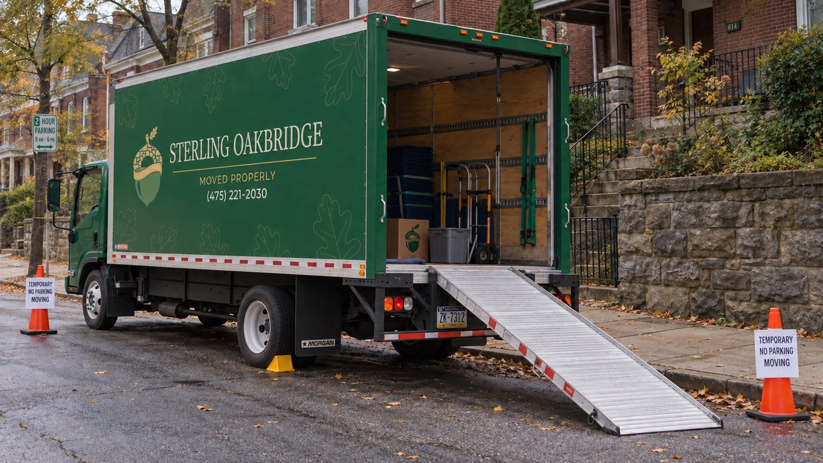 A dark green moving truck with an open rear door and a ramp resting at a city curb beside posted signs.
