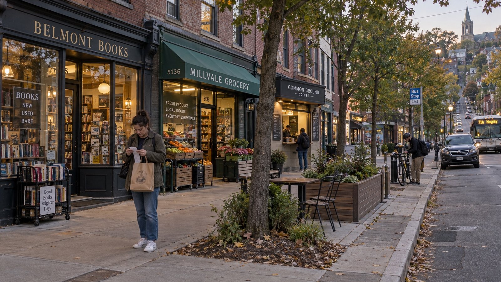 A neighborhood business district with older buildings and mature trees.