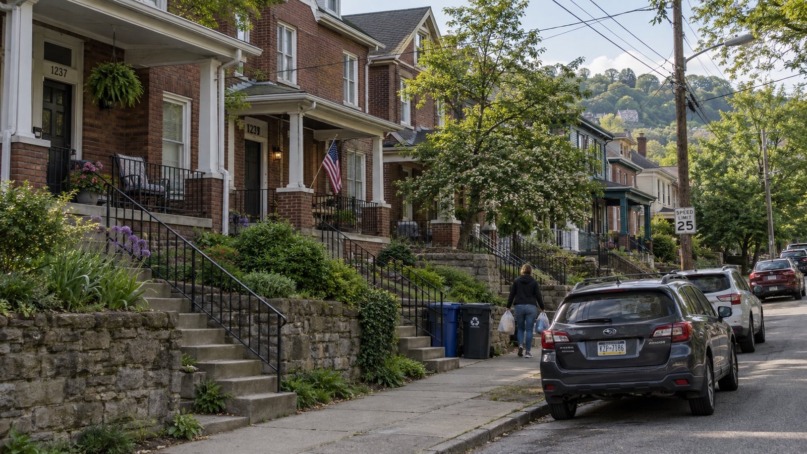 A residential street of older brick houses on a hill with parked cars.
