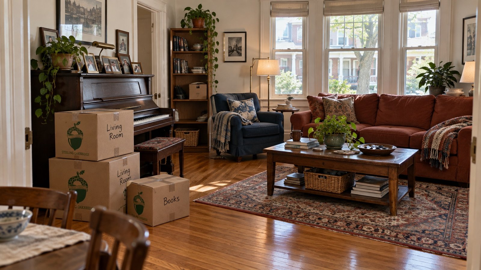 A furnished living room in an older house with sealed moving boxes by the wall.
