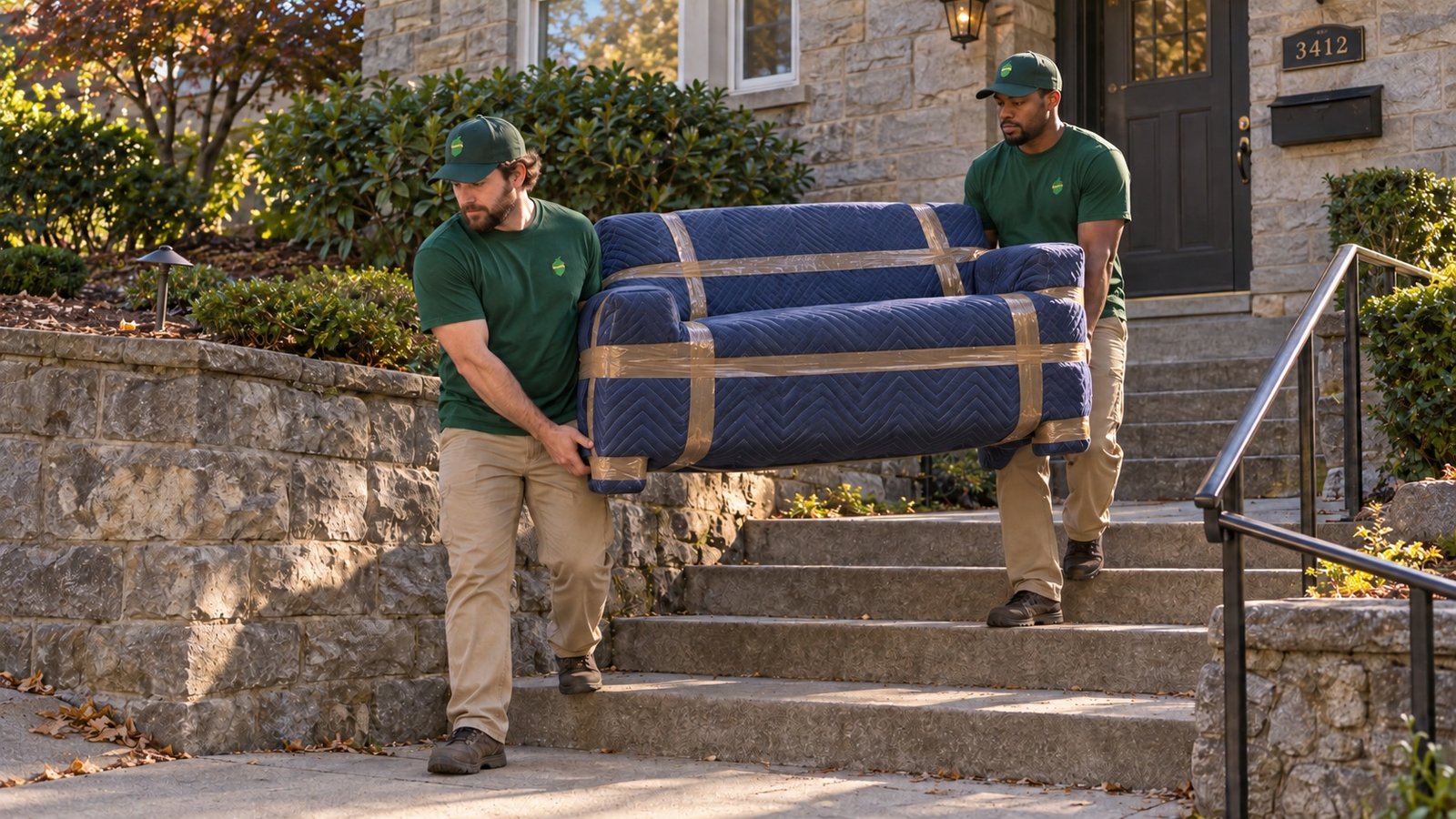 Two movers carrying a blanket-wrapped sofa down outdoor steps.