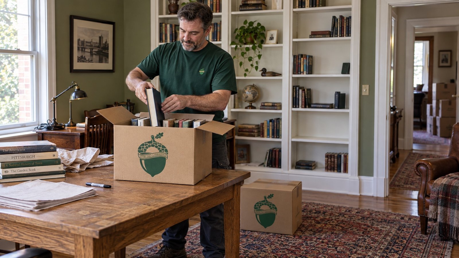 A mover in a green Sterling Oakbridge shirt packing books into a branded Book carton in a furnished home study.