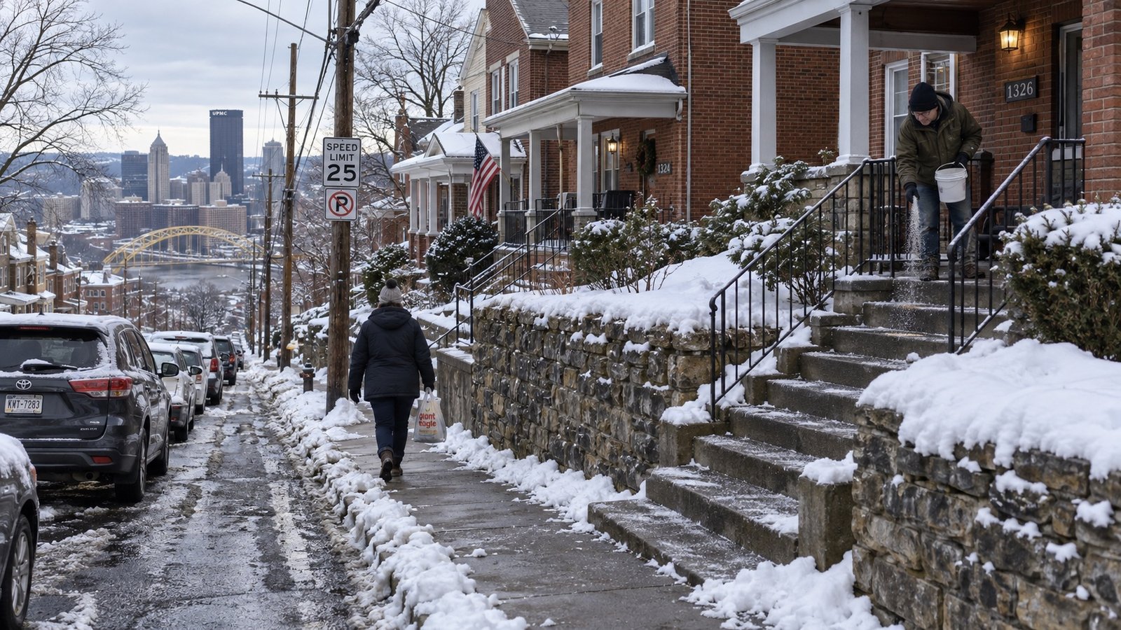 A hilly residential street after snowfall with cleared steps and sidewalk.