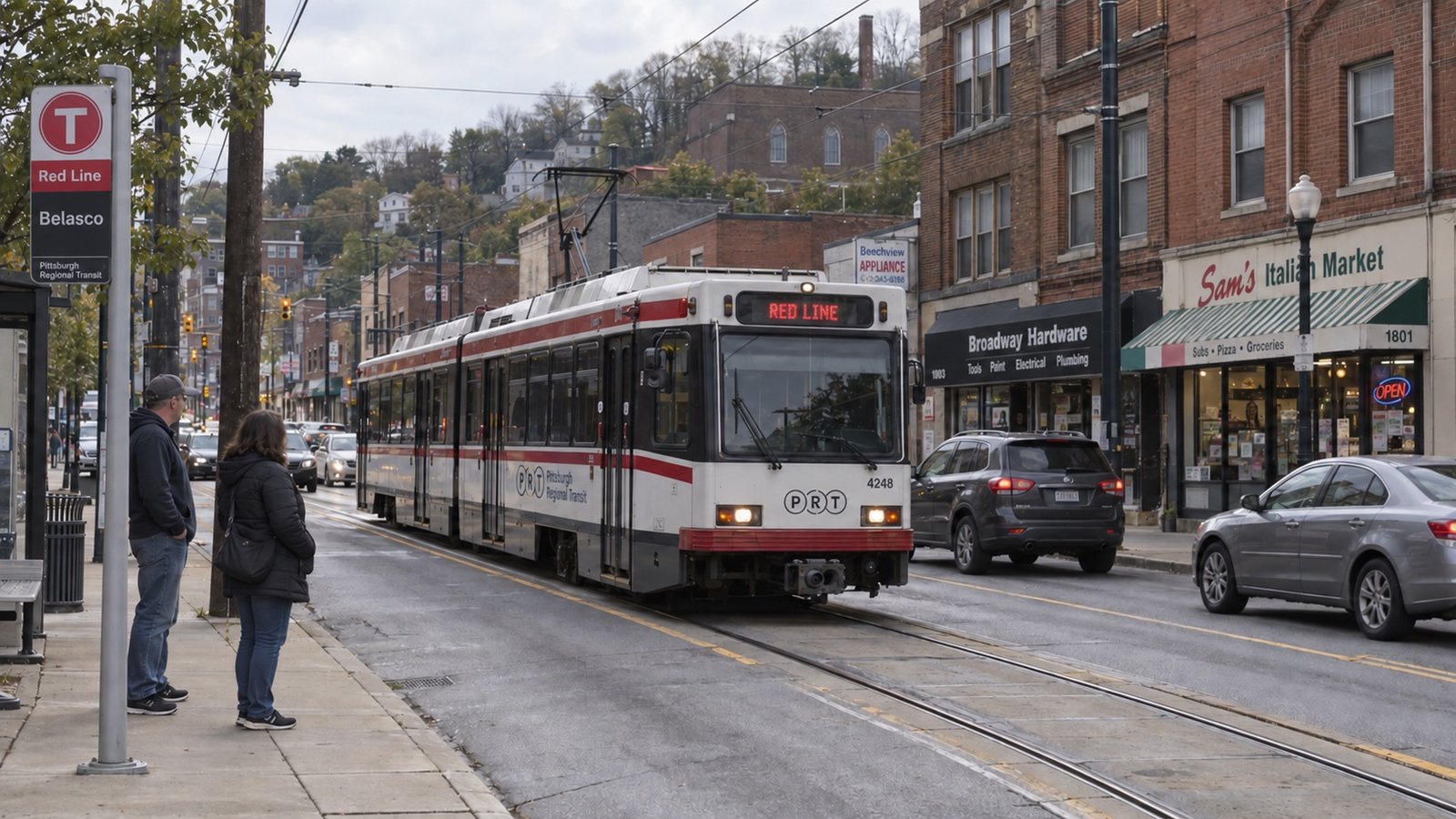 A Pittsburgh Regional Transit light-rail vehicle on a neighborhood street beside a Red Line stop and pedestrians.
