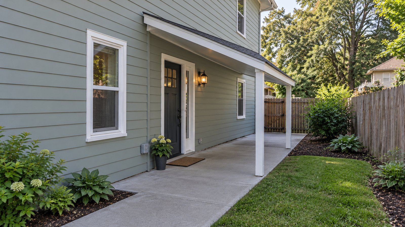 Check a side entrance Closed side door beneath a complete sloping awning beside a level concrete passage