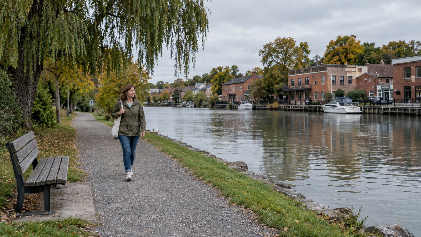 Explore the everyday route Woman carrying a canvas bag on a gravel path beside a canal and wooden bench