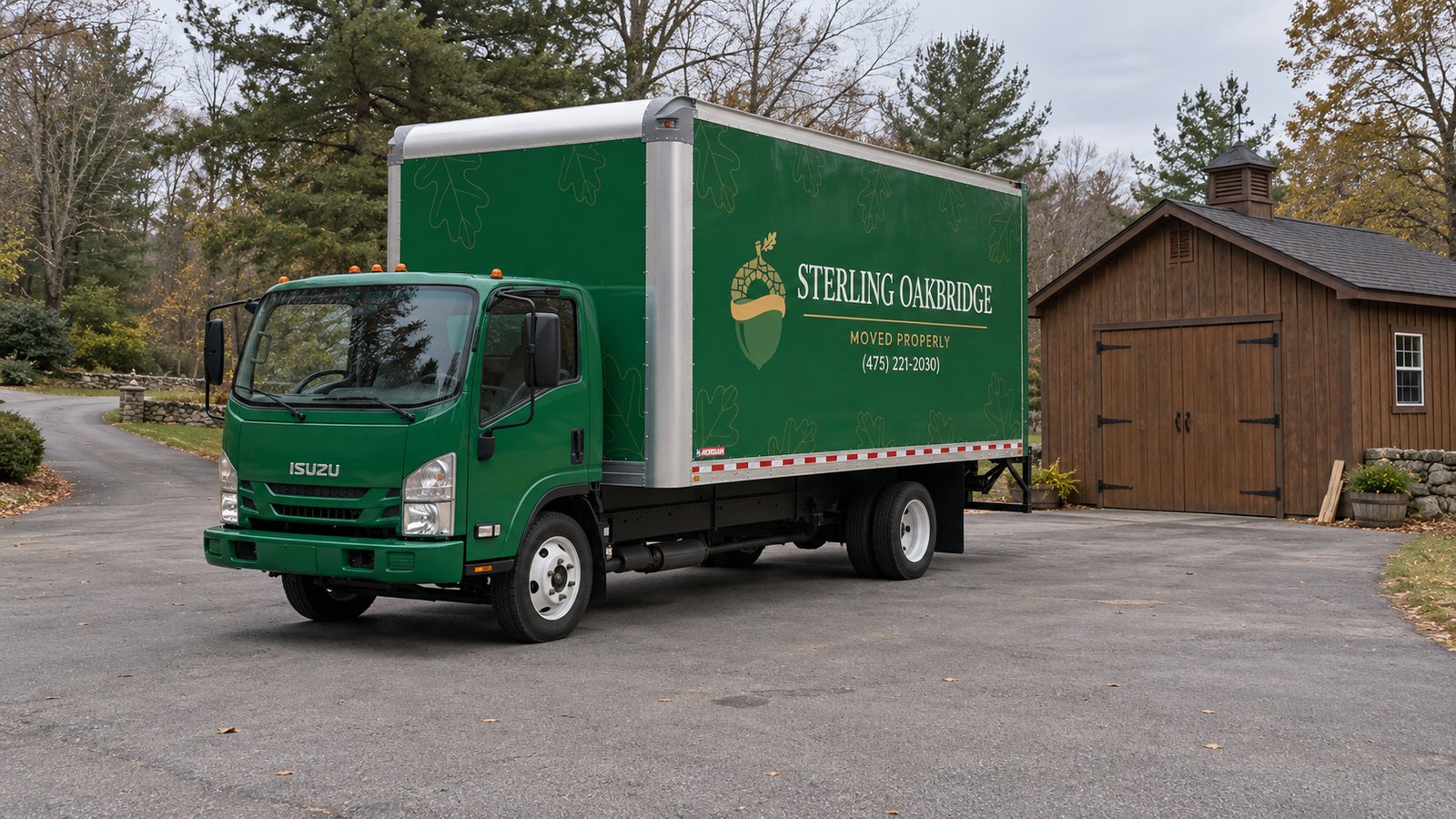 Agree the standing place Green Sterling Oakbridge Isuzu box truck parked on pavement beside a wooden outbuilding