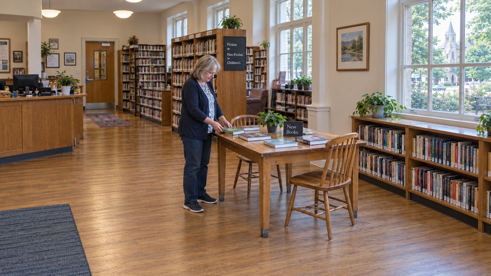 Use community resources Older woman selecting a book at a wooden table in a library
