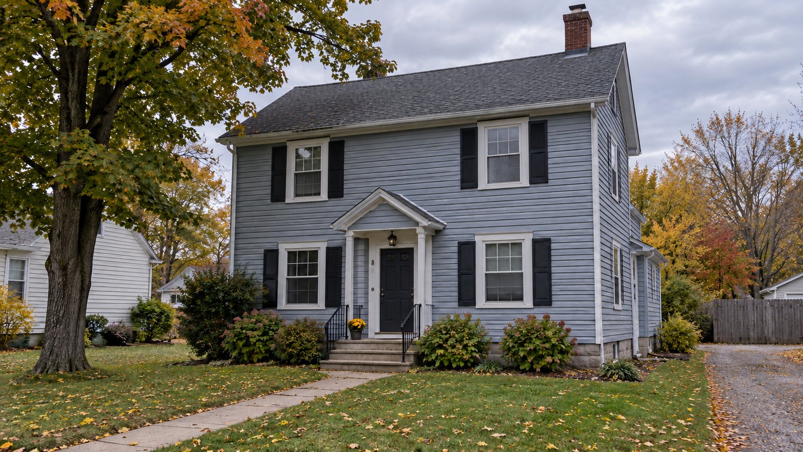 Check the home and approach Bluegray two-story clapboard house with a complete roof, front steps and an autumn walkway