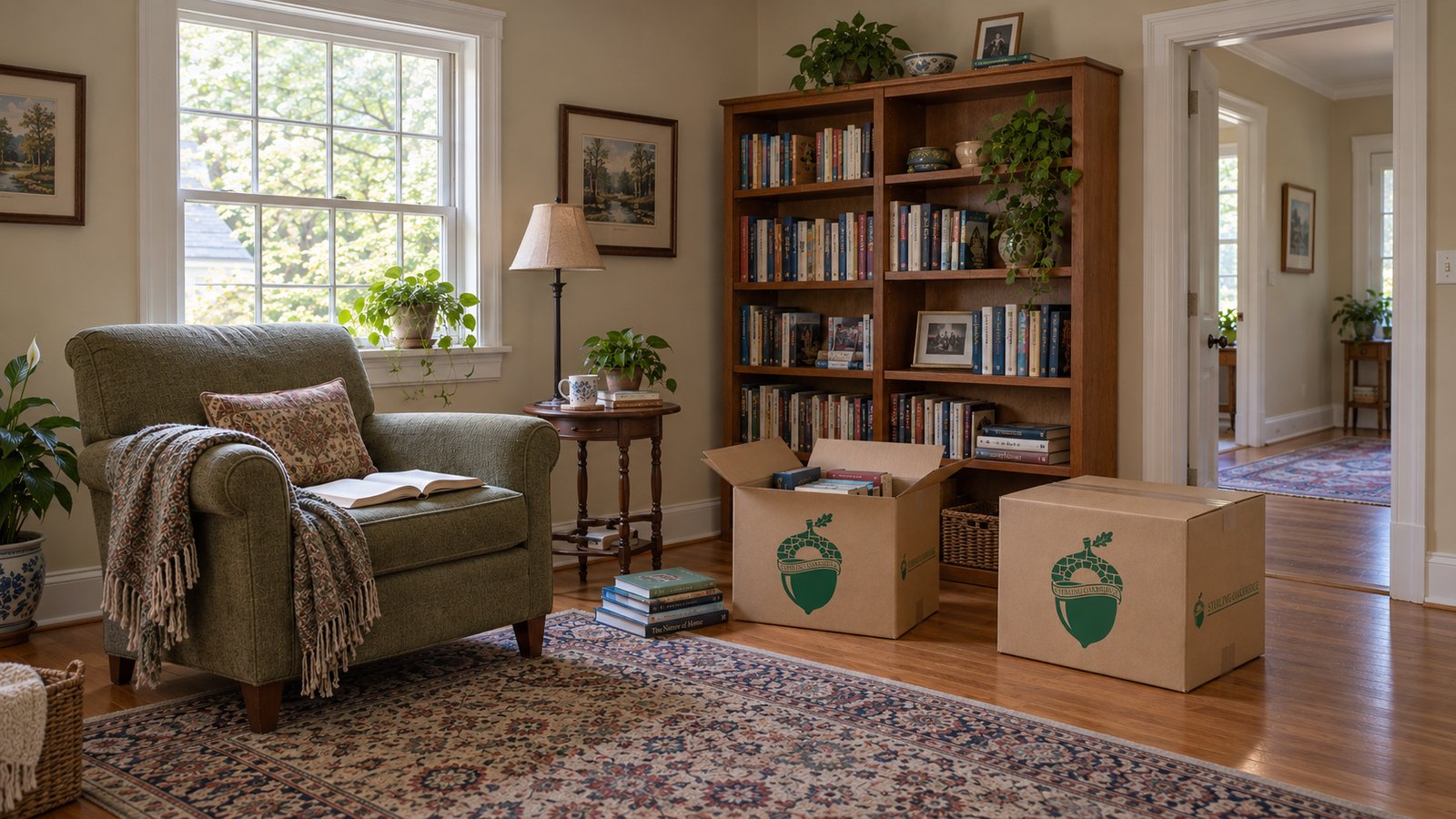 Check useful room space Reading room with a complete green armchair, bookcase and two separate branded kraft cartons