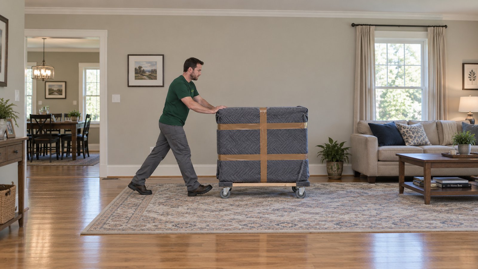 Keep the receiving route clear Male mover pushing a gray blanket-wrapped cabinet on a compact wooden furniture dolly