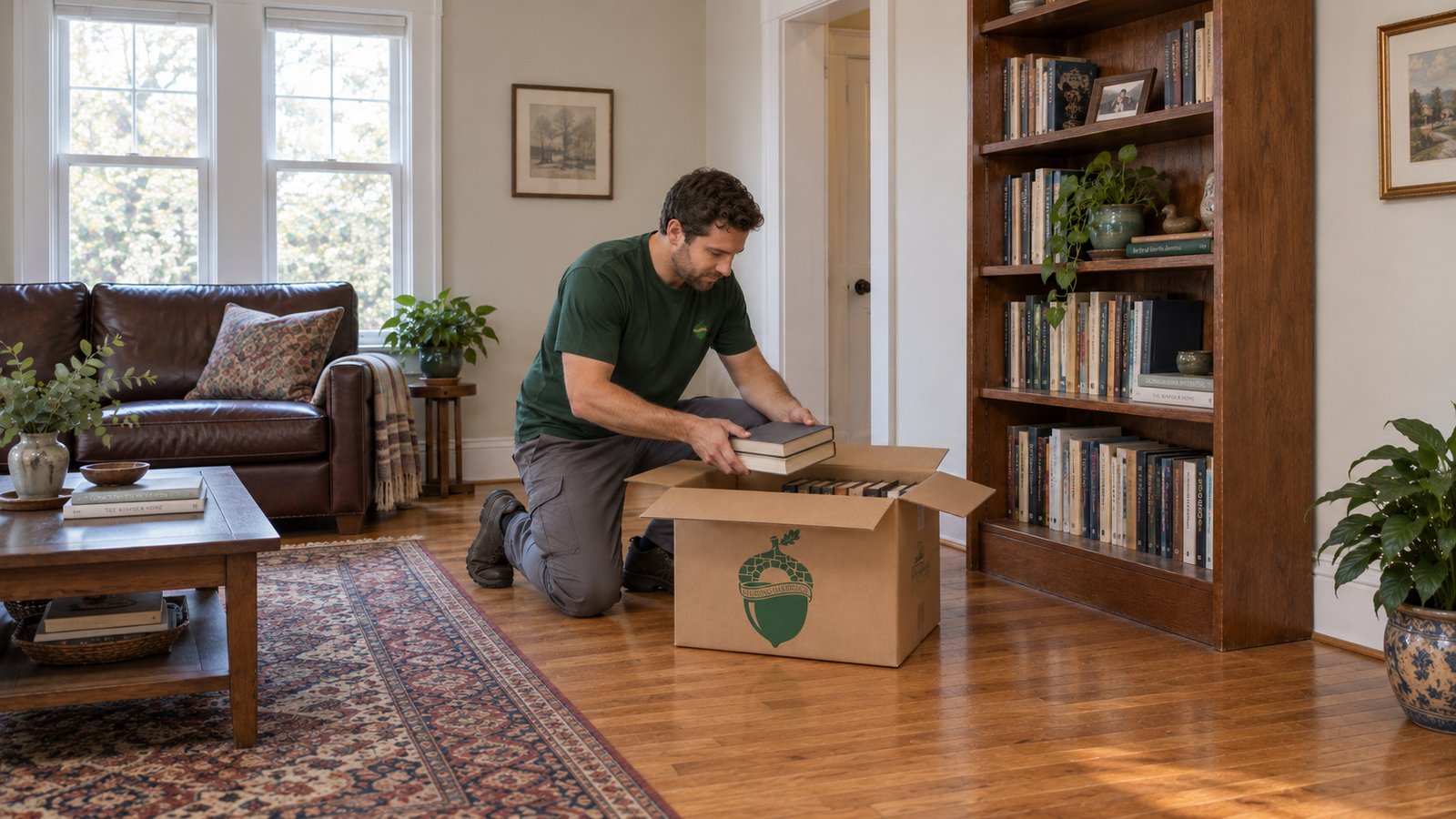 Pack books with a clear plan Male mover kneeling on a wood floor and lowering two books into an open branded kraft carton