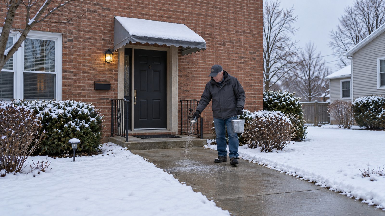 Prepare winter traction Man spreading grit on a cleared private walkway beside a brick entrance with a snowy awning