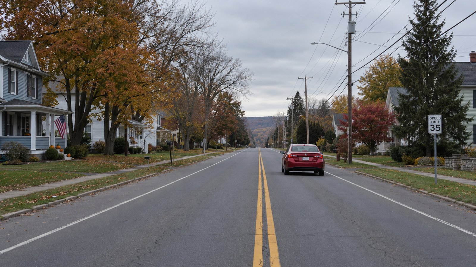 Test the road journey Red sedan receding in the right lane of a two-lane suburban road with double yellow lines