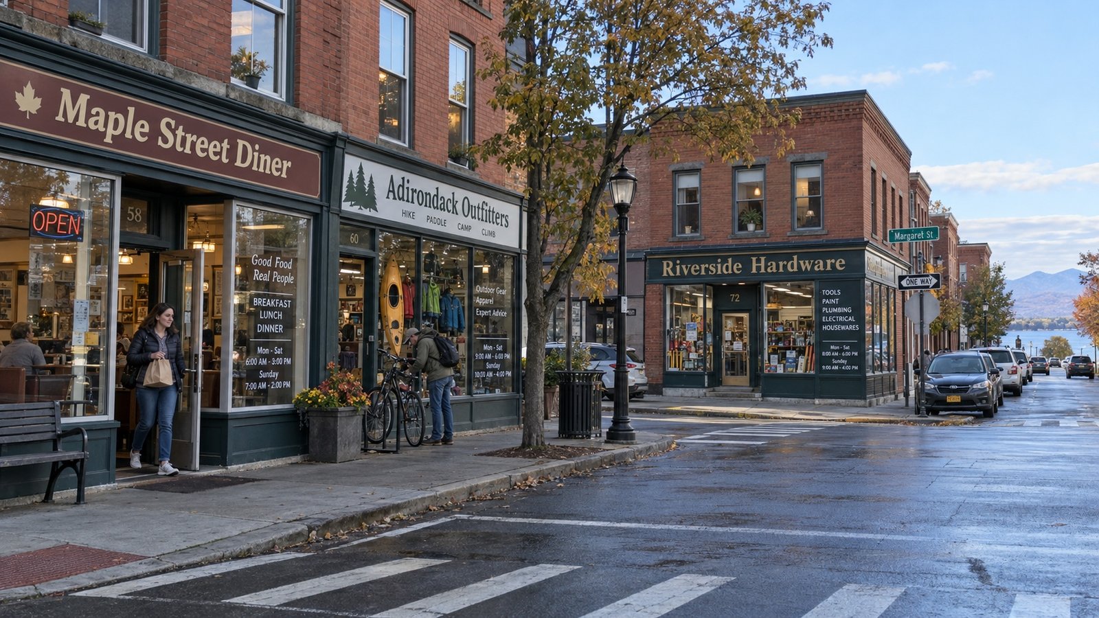 A small-city commercial corner with older brick buildings and distant pedestrians.