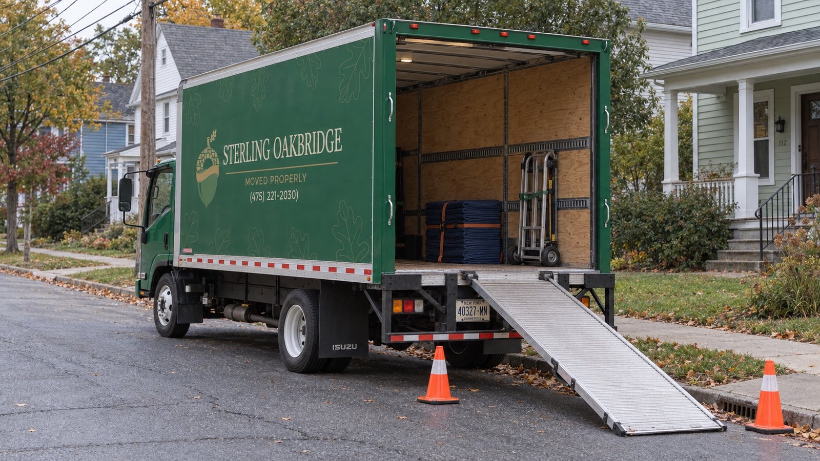 A dark green moving truck with an open rear door and a ramp resting at a residential curb.