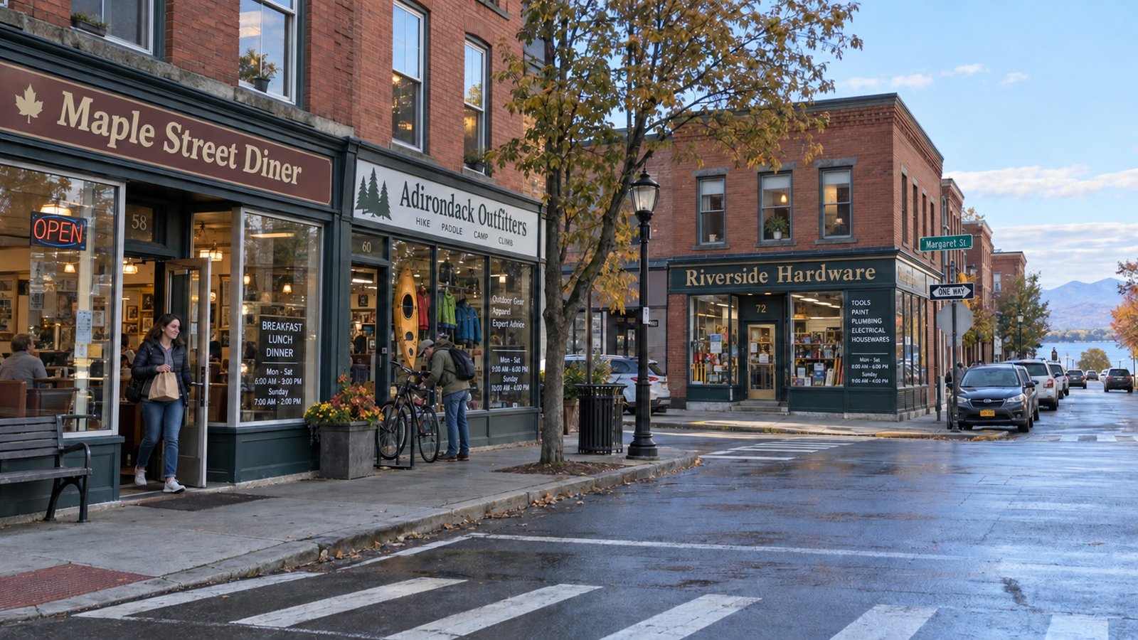 Diner, outdoor shop and hardware-store corner A woman leaves a diner with a paper bag while a cyclist stands beside an outdoor shop on a wet commercial block.