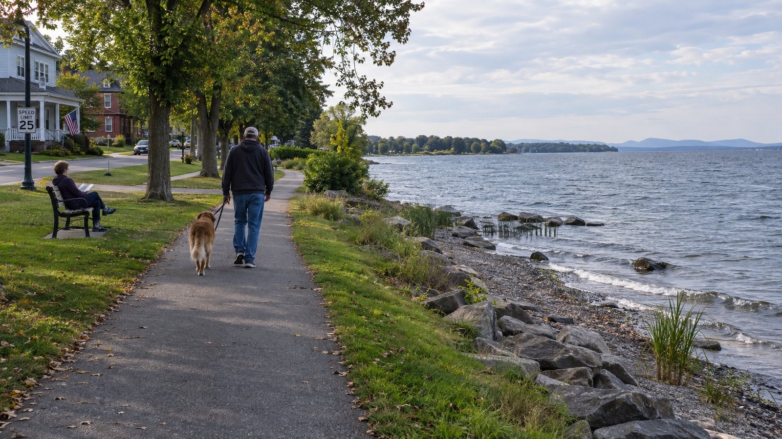 A resident walks a dog along a maintained lakeside path while another reads beside the pebbly Lake Champlain shore.