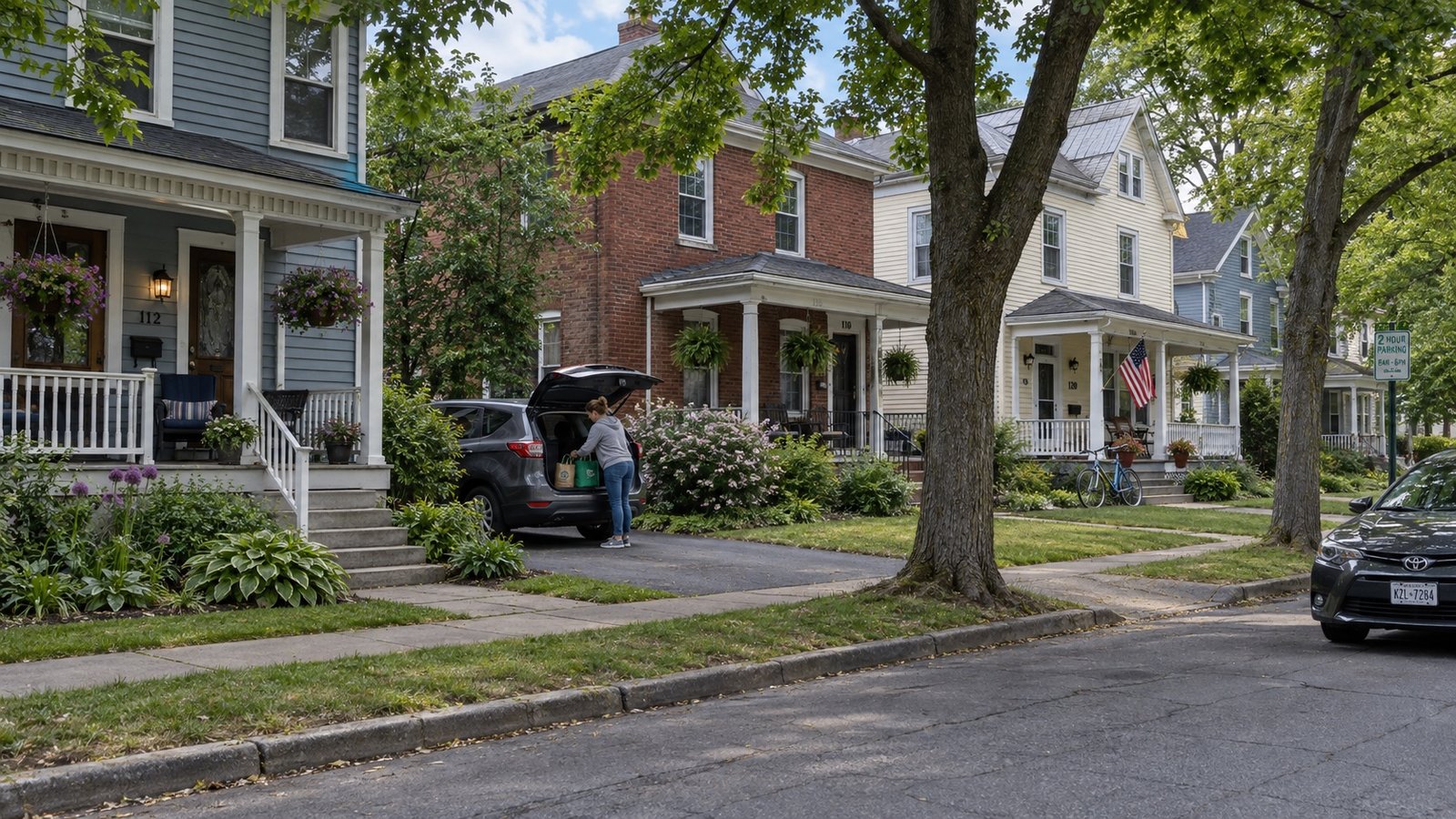 A residential street of older frame houses with porches and parked cars.