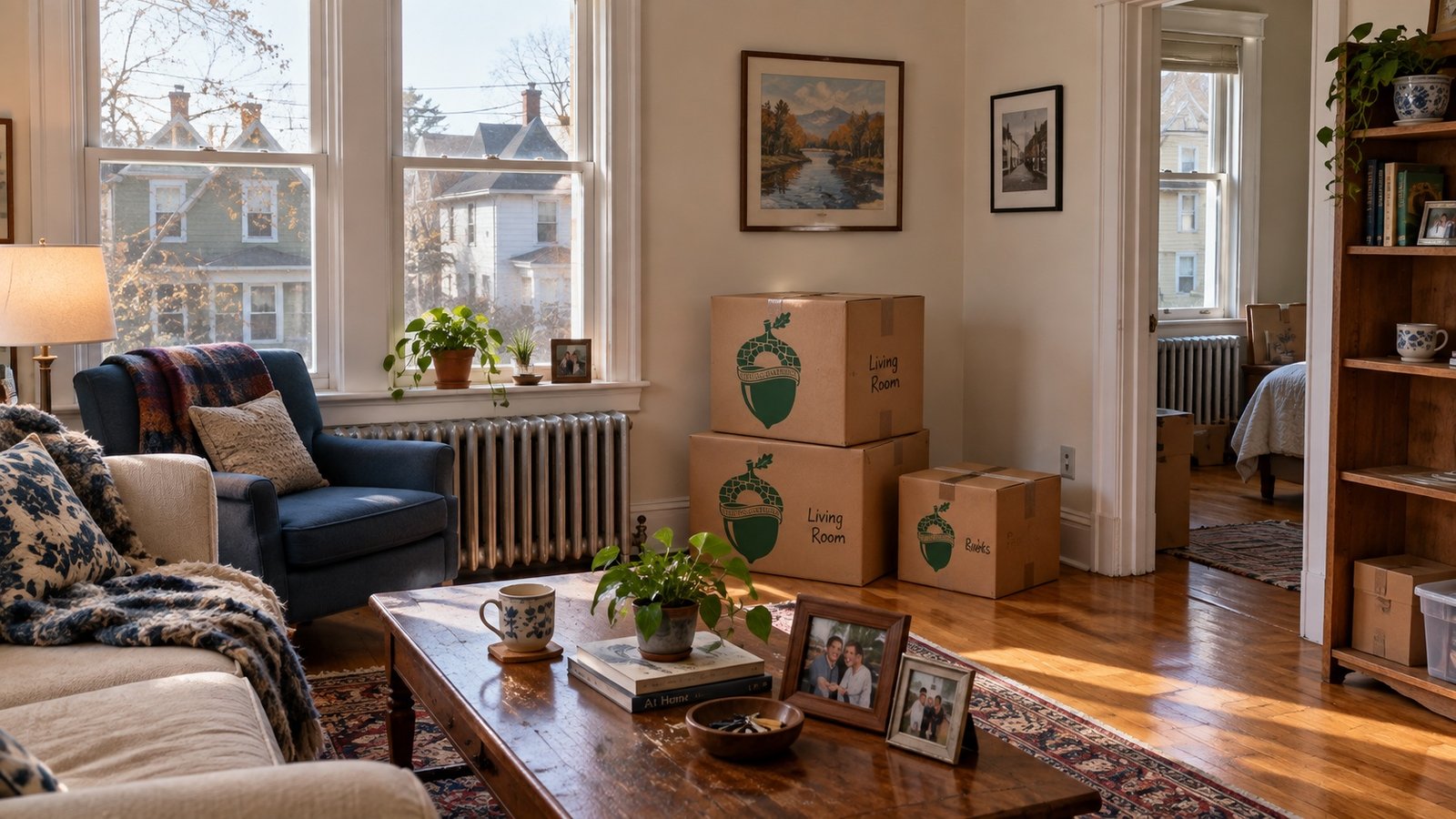 Compact branded Medium and Book cartons beside the wall of a furnished older apartment with a radiator.